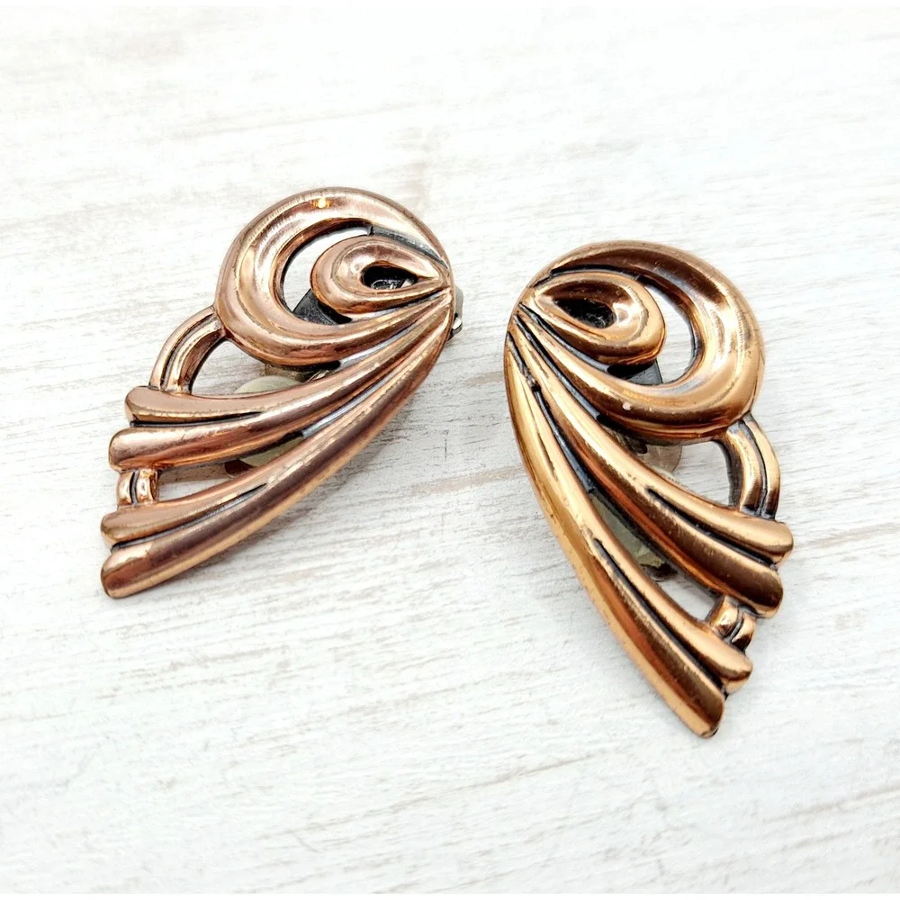 Vintage Matisse Copper Earrings Clip-On Butterfly Wing Designer Jewelry